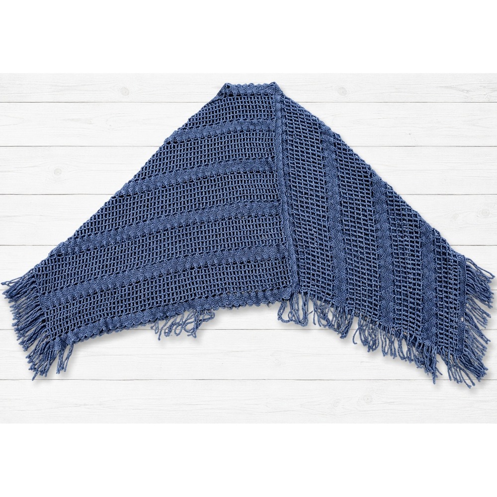 Venice Crochet Knit Triangle Shawl Wrap Fringe Blue Boho Cottagecore OS 4203